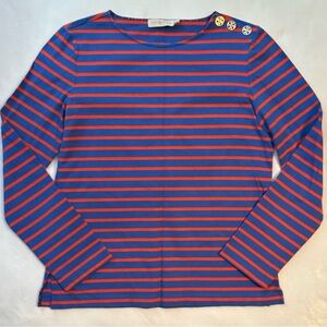 Tory Burch Blue Red Maritime Striped Boatneck Neck Long Sleeve Diver Shirt Top M